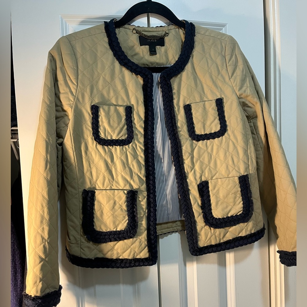 JCREW Quilted Tan Jacket with Navy Trim